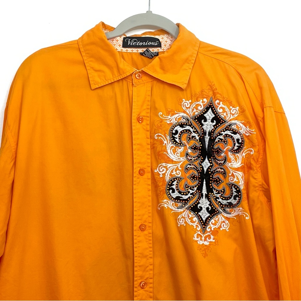 Victorious Mens Button Front Shirt Embroidered XL Fleur de Lis Orange Cotton - Picture 3 of 9